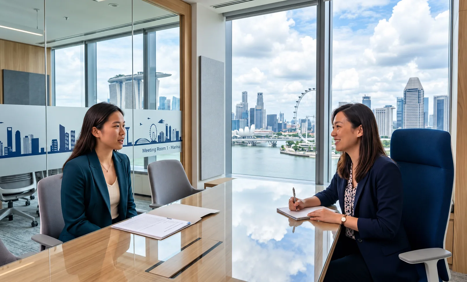 Two professionals discussing a project in a meeting room overlooking Marina Bay