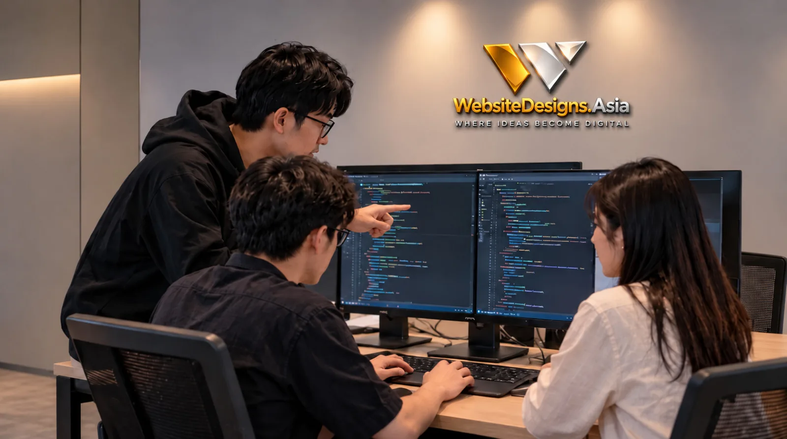 WebsiteDesigns.Asia development team reviewing code on dual monitors