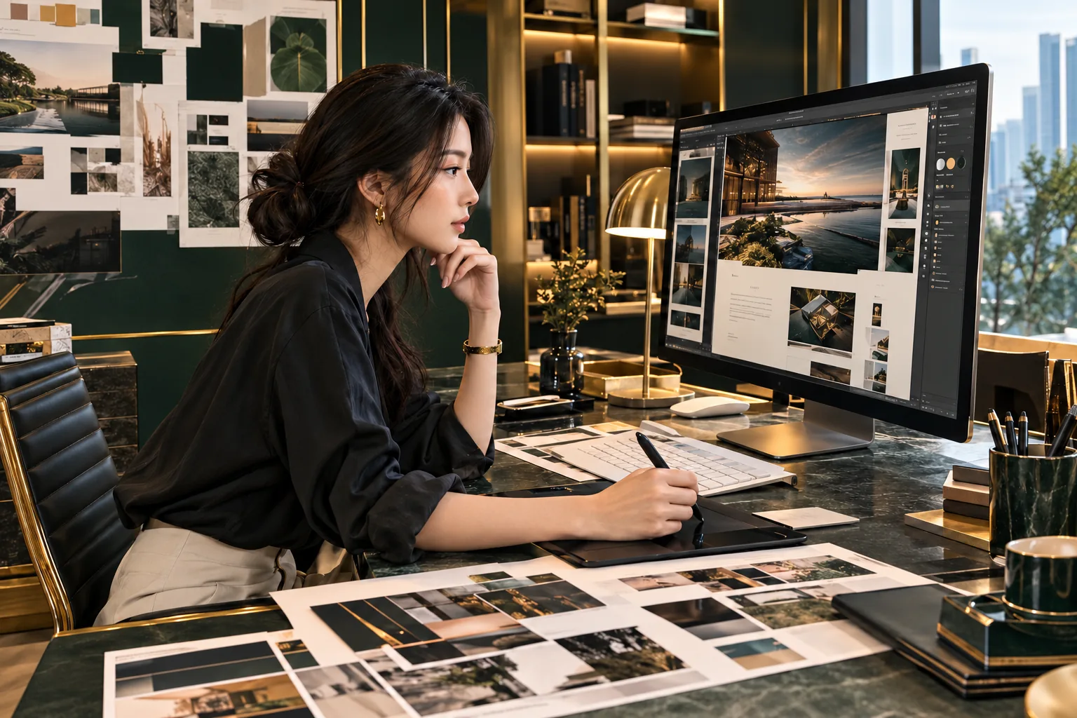 Designer refining a brand layout on a large monitor beside a moodboard wall