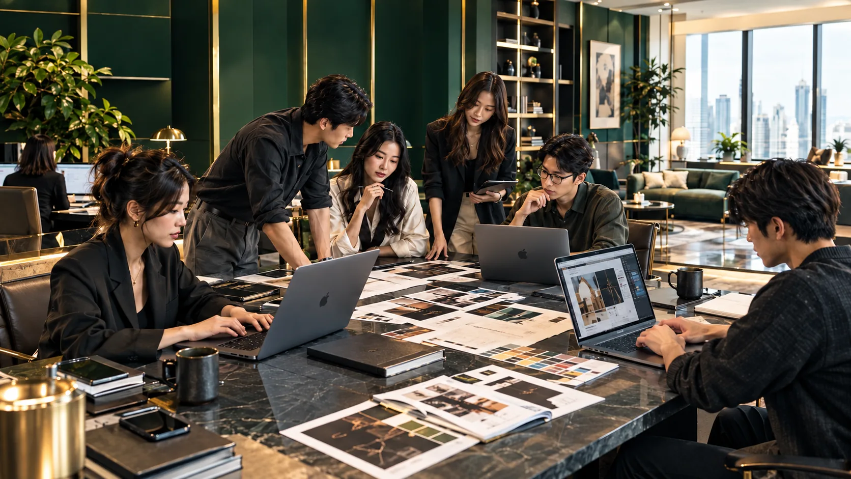WebsiteDesigns.Asia team collaborating around a marble table in a Singapore studio